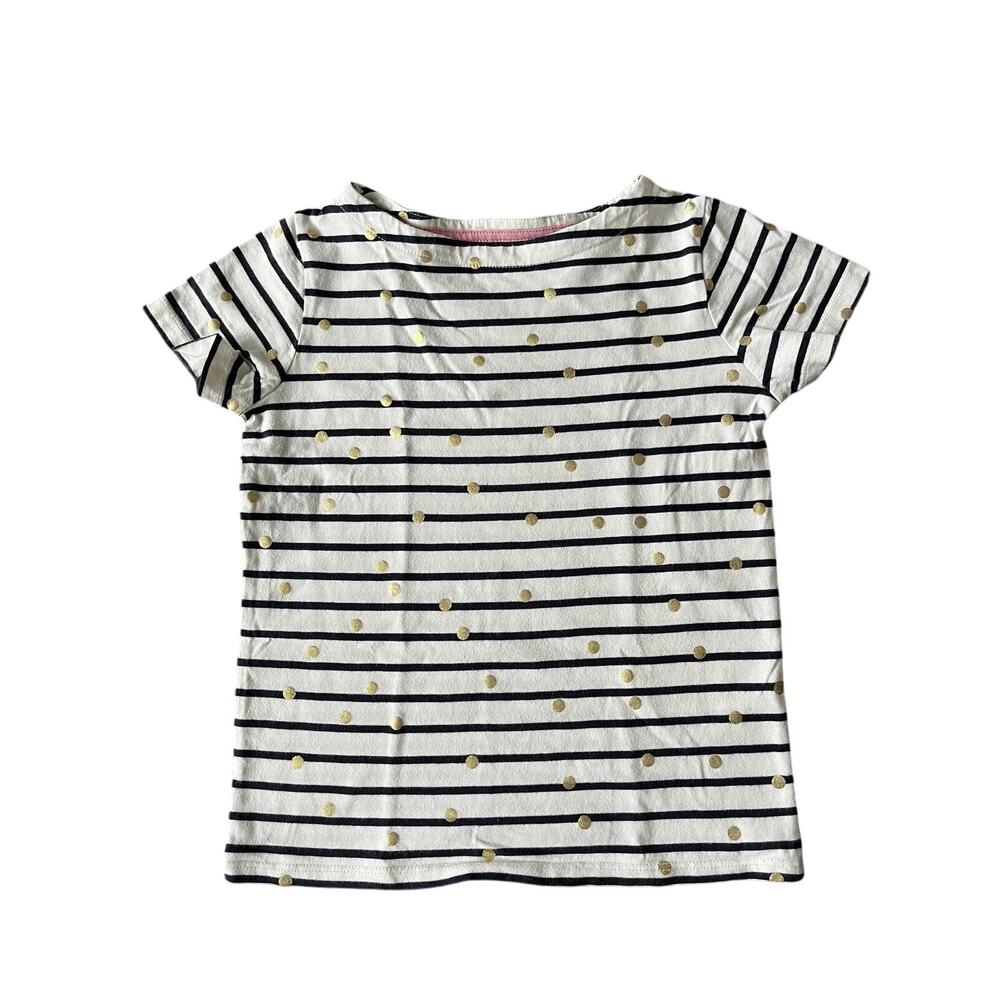 Boden Everyday Breton Short Sleeve, White/Navy Stripes Gold Polka Dots size 6-7Y